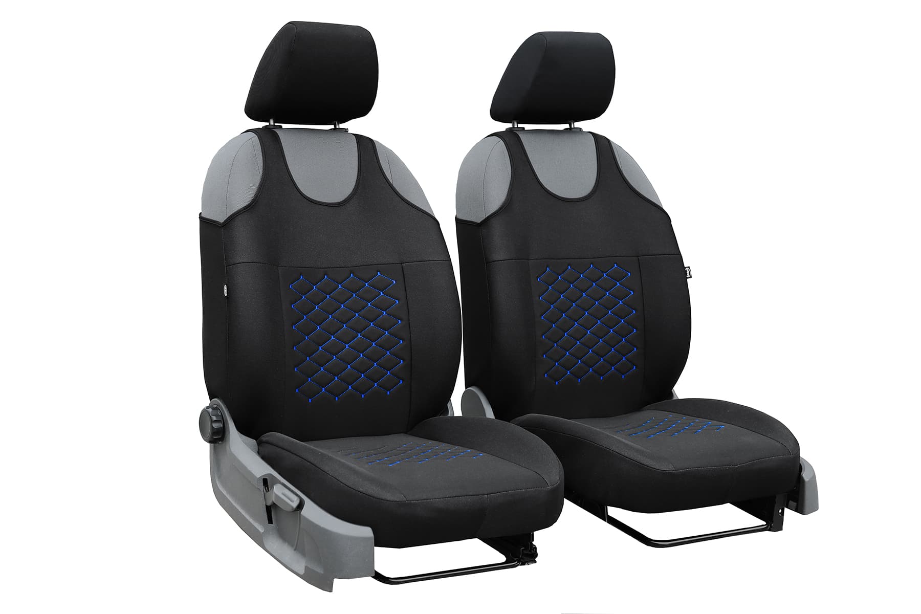 Fundas de asiento tipo camiseta Motive negras con costuras azules para asientos delanteros