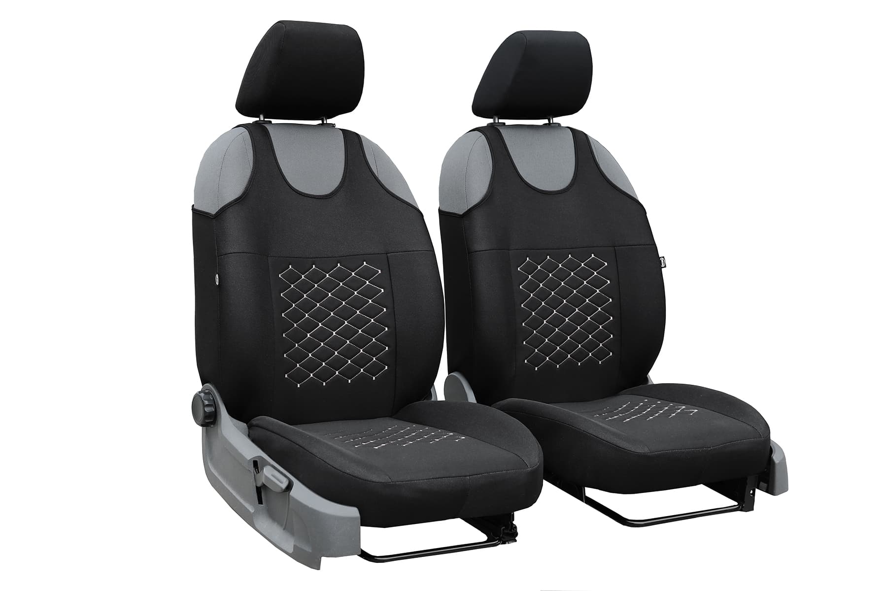 Fundas de asiento tipo camiseta Motive negras con costuras grises para asientos delanteros