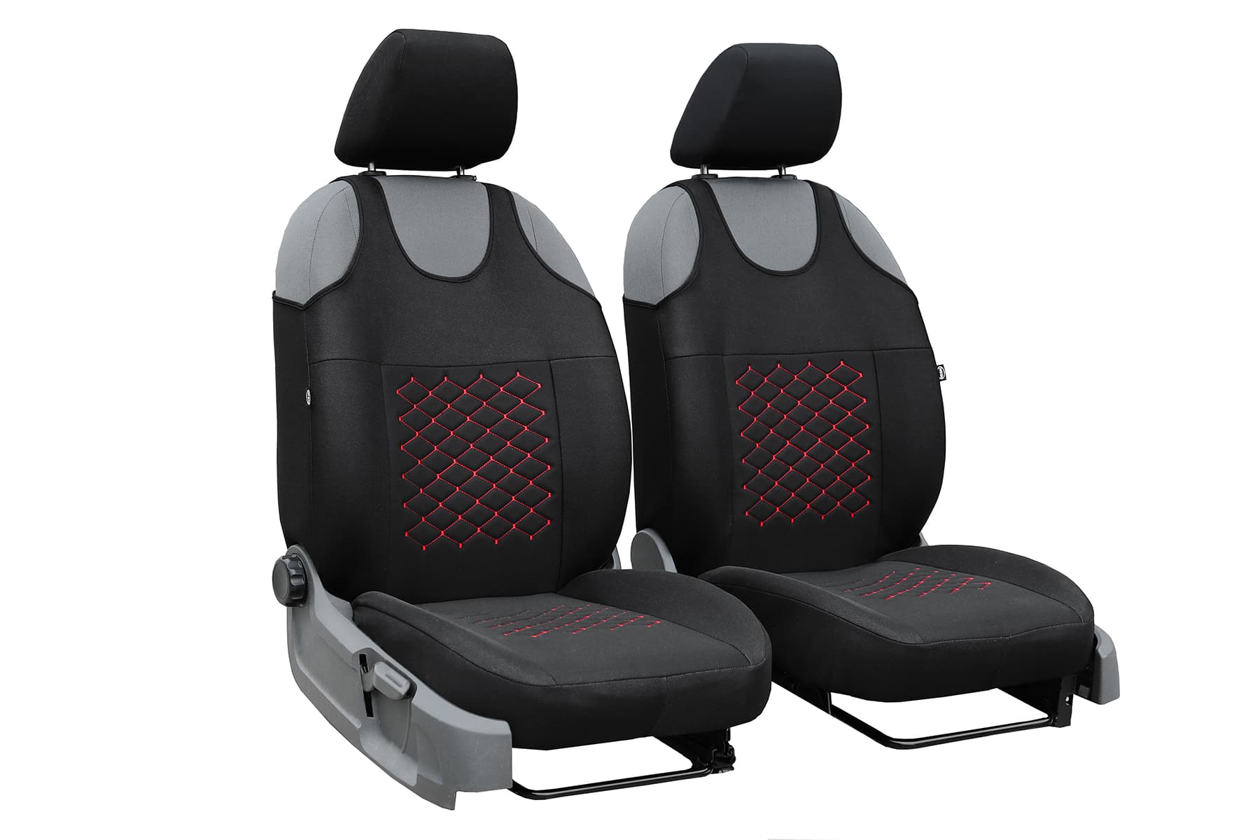 Fundas de asiento tipo camiseta Motive negras con costuras rojas para asientos delanteros