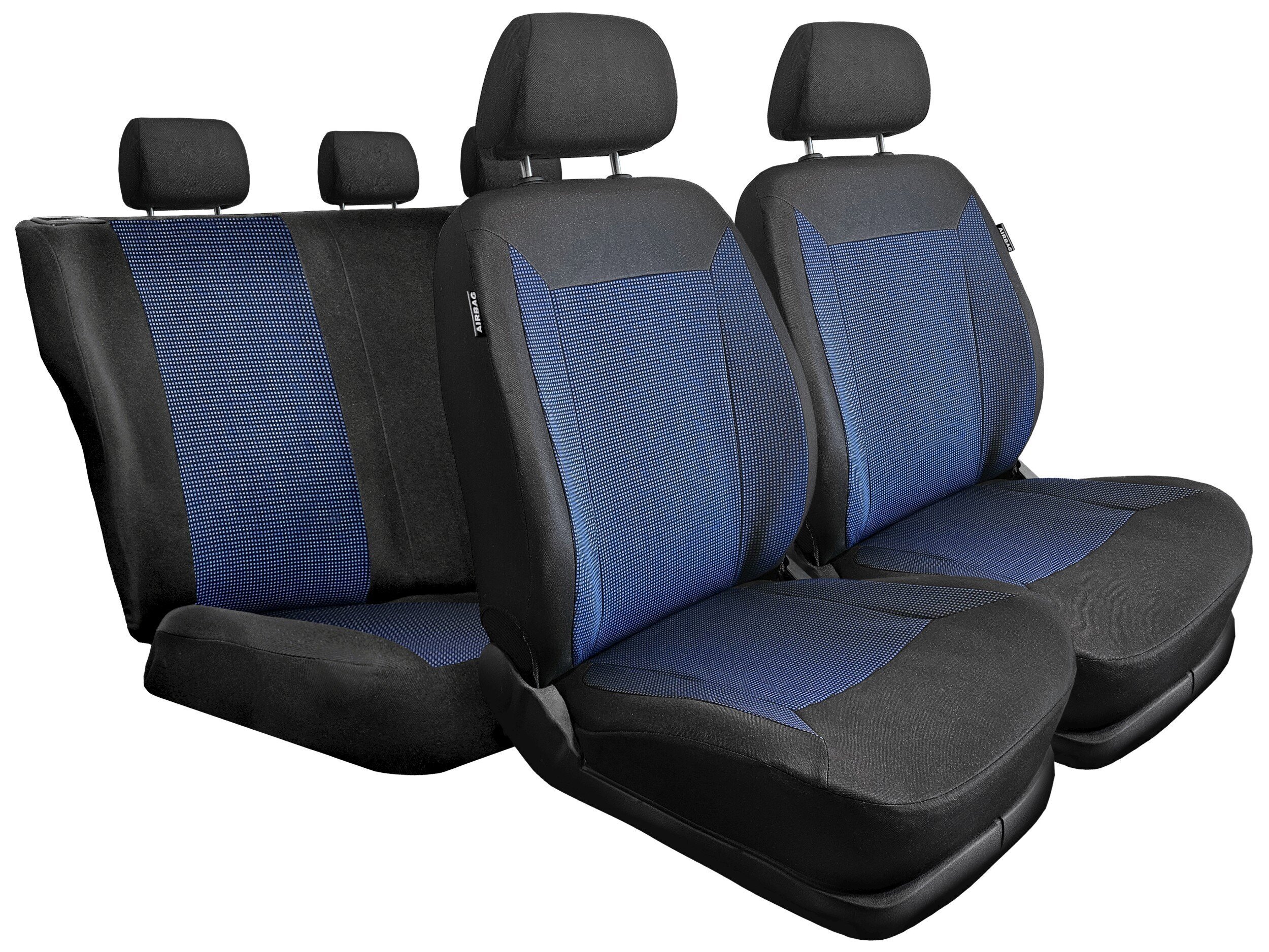 Fundas de asiento ROYAL negras y azules en asientos delanteros y banqueta trasera