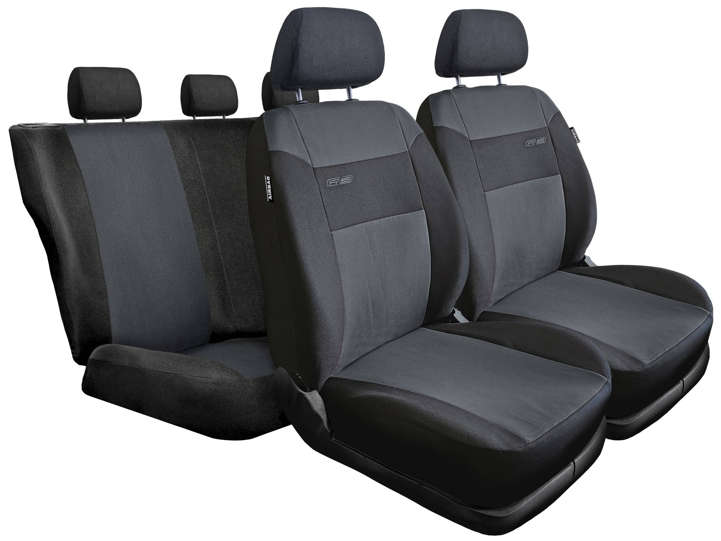 Fundas de asiento RS gris oscuro y negras en asientos delanteros y banqueta trasera