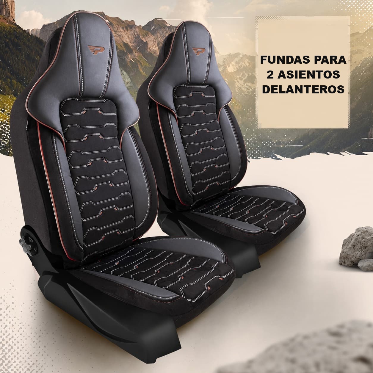 Fundas de asiento Beirut para 2 asientos delanteros en acabado negro con ribete marrón
